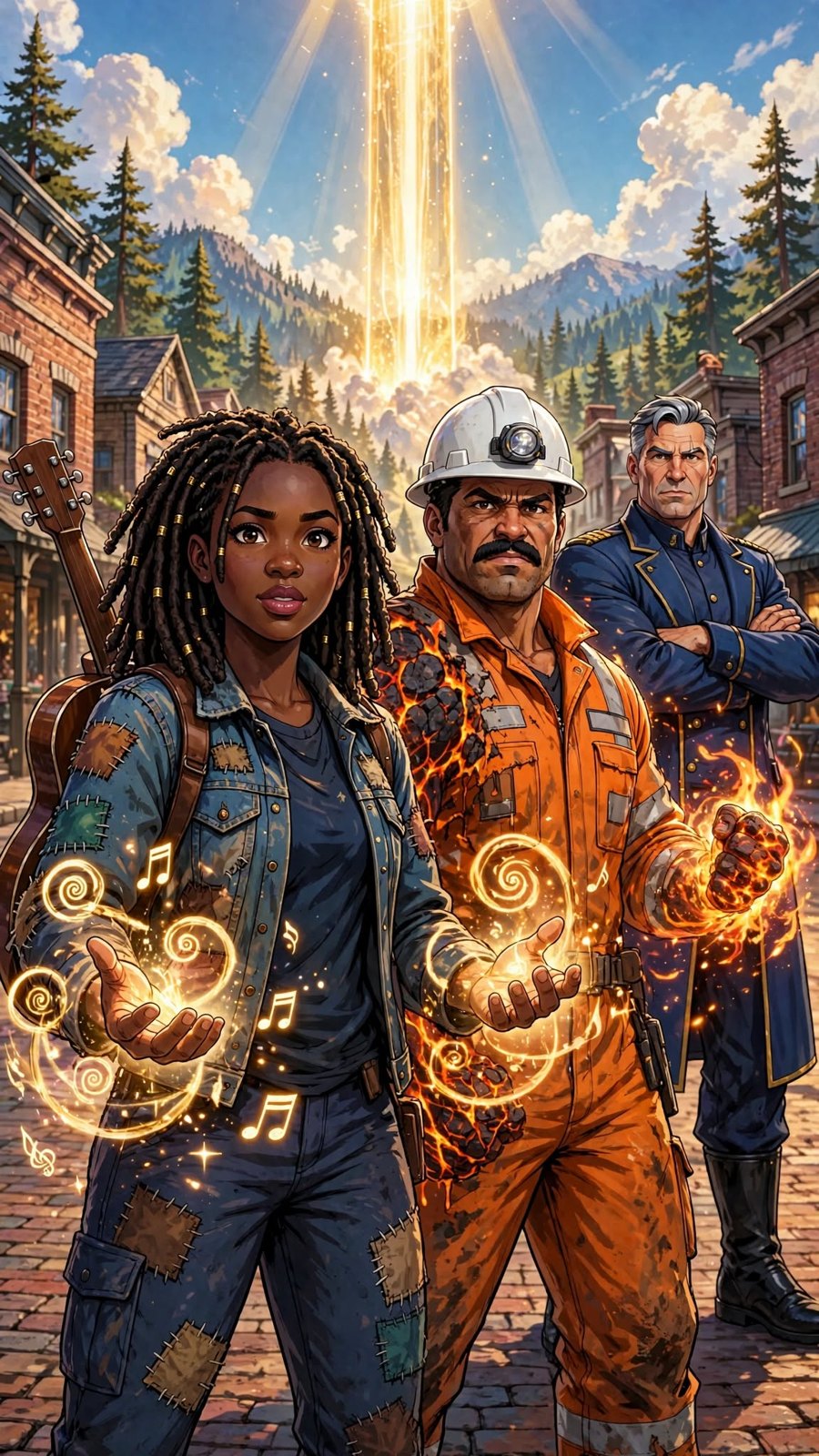 Day Zero cover: Cadence, Dom Reyes and Commander Cross in Harrow Falls under the pillar of gold light