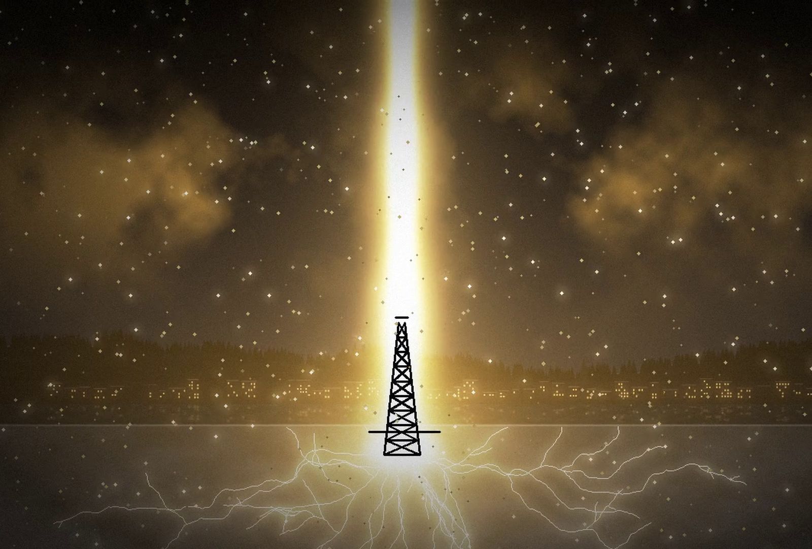 A pillar of gold light rising from a drilling tower above a small town at night