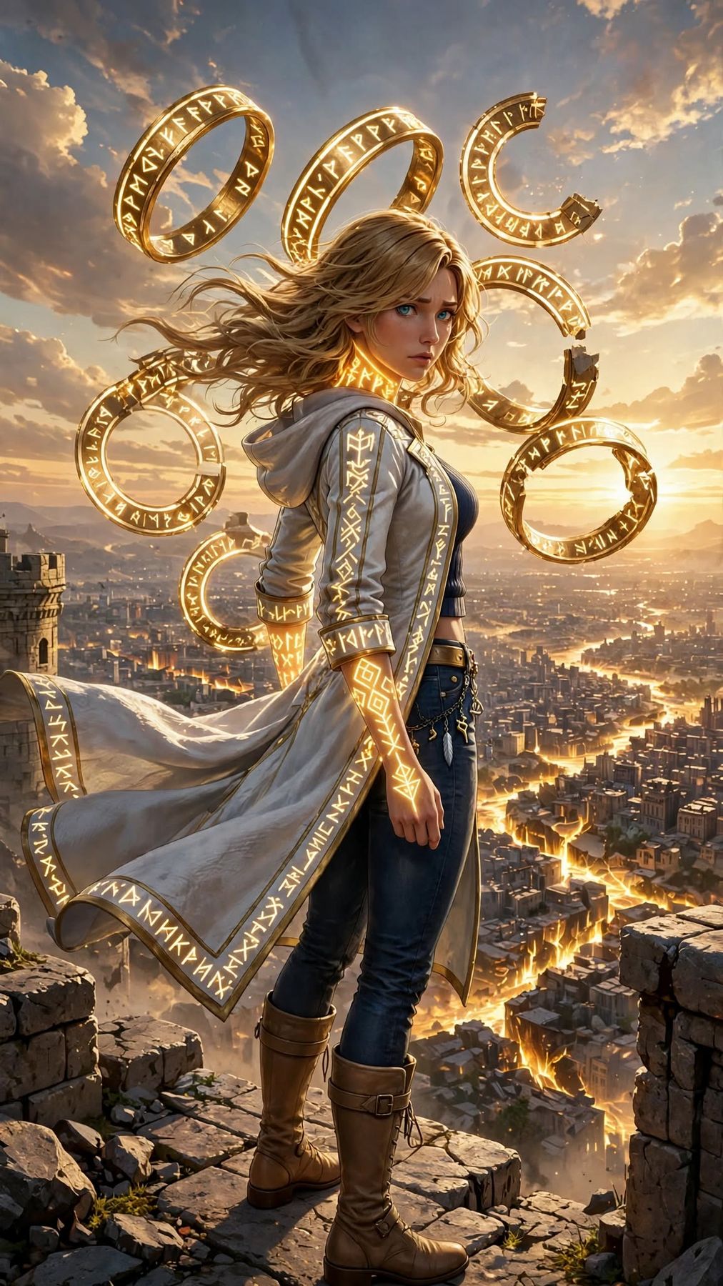 Cid Vale on a cliff above a city at sunset, seven gold rings circling her, one of them fractured
